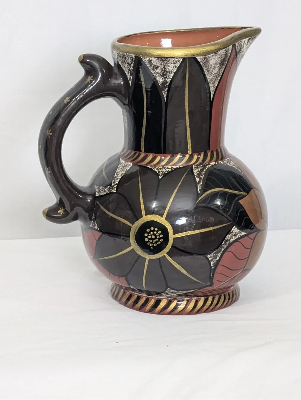 Vintage Postmodern Art Deco Floral Ceramic Pitcher Vase Black Gold